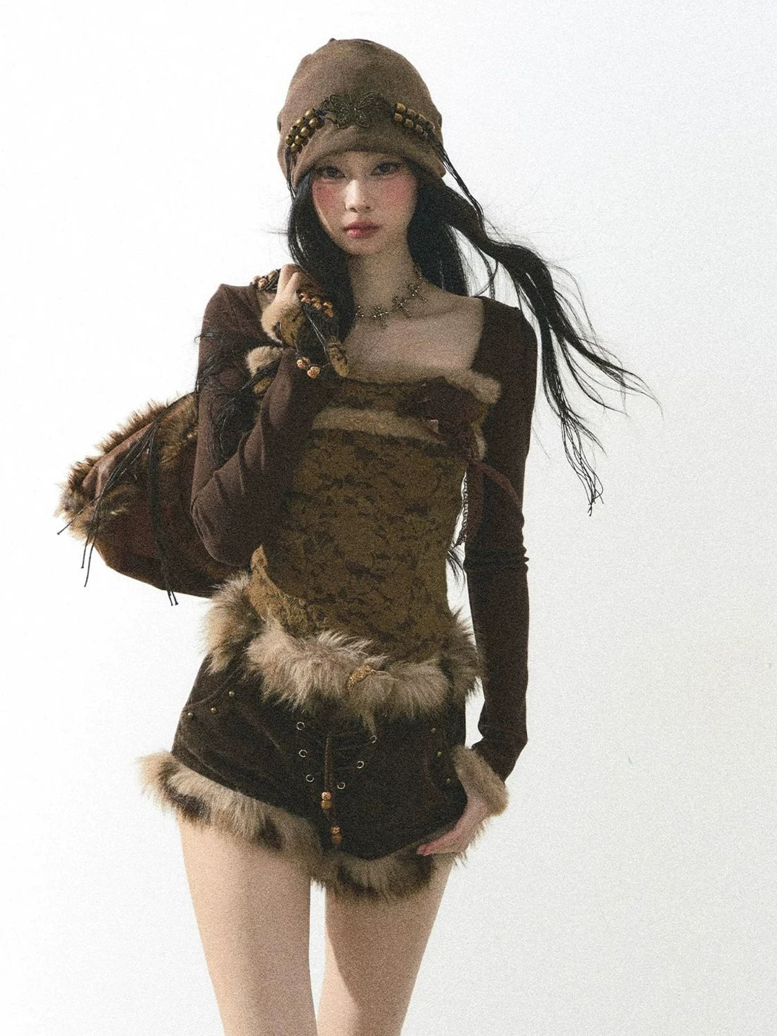 Fur Trim Lace Up Set