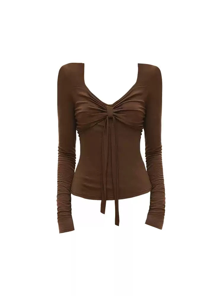 Mocha Ruched Tie Front Top