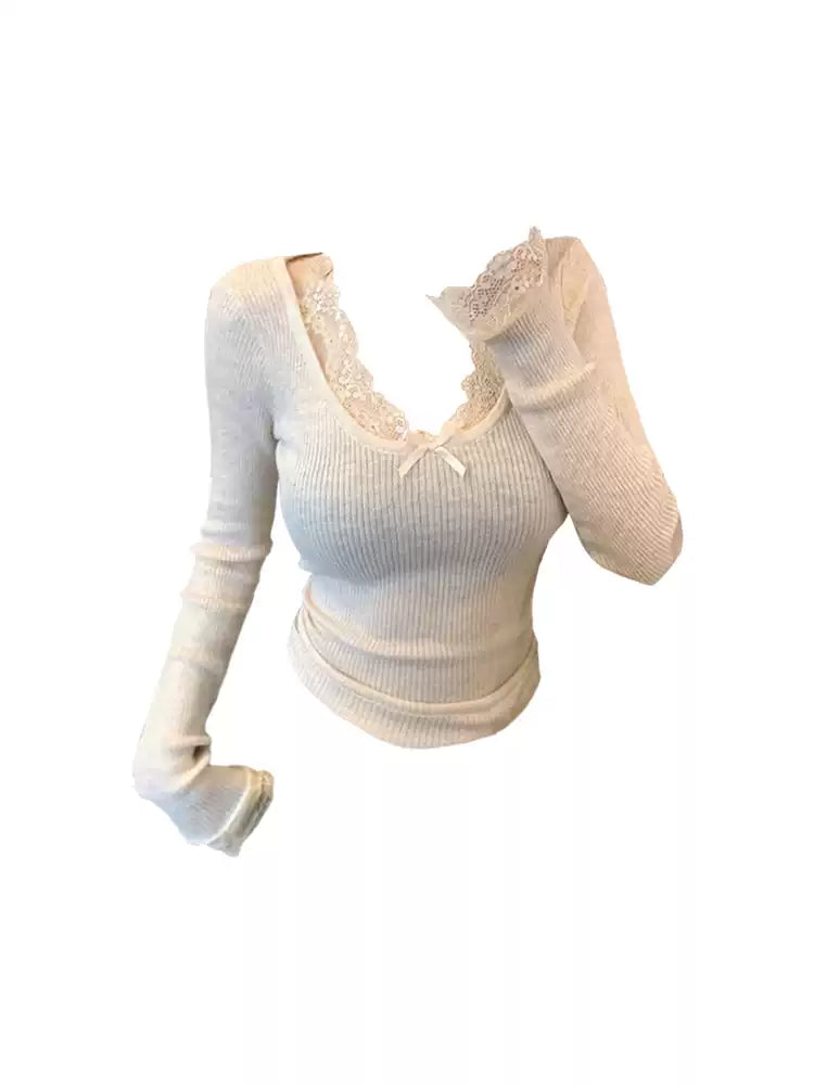 Lace Trim Ribbed Knit Top