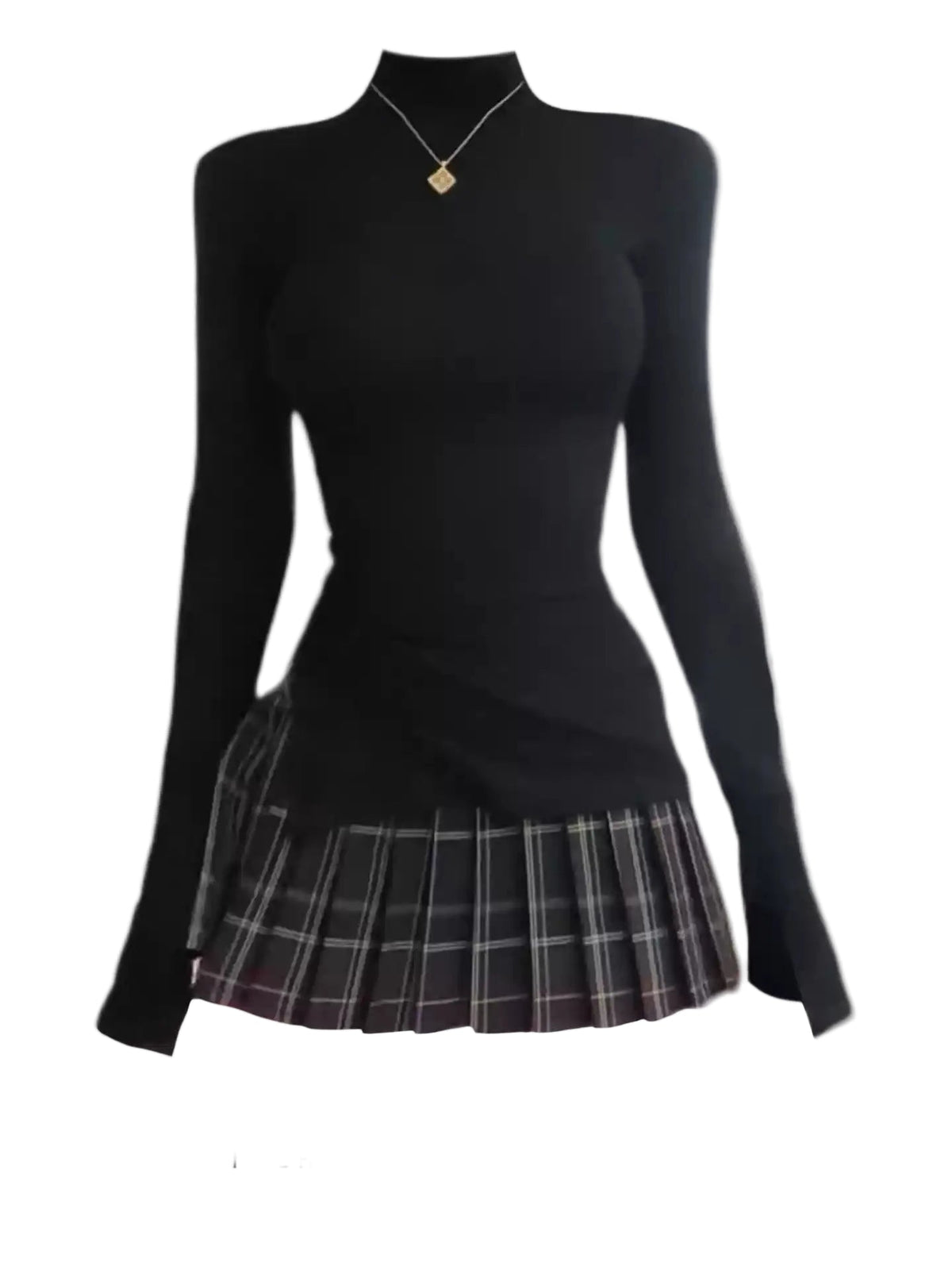 Black Plaid Pleated Mini Dress