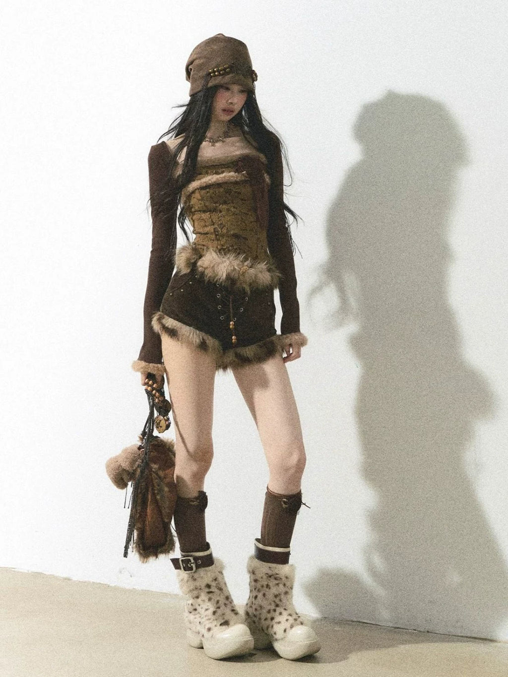 Fur Trim Lace Up Set