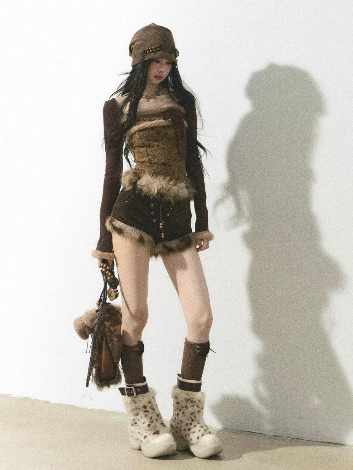 Fur Trim Lace Up Set