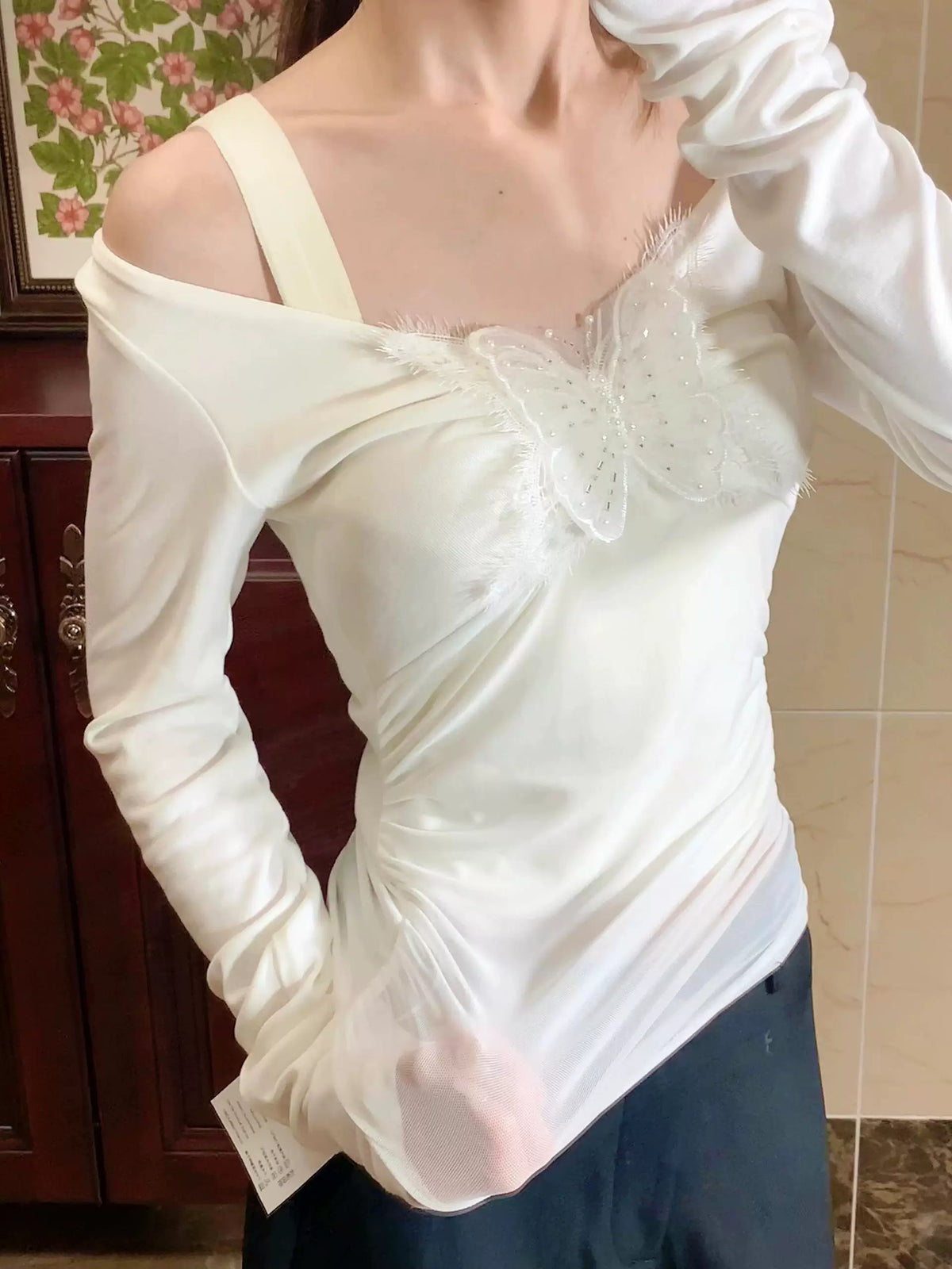 Butterfly Ruched Long Sleeve Top