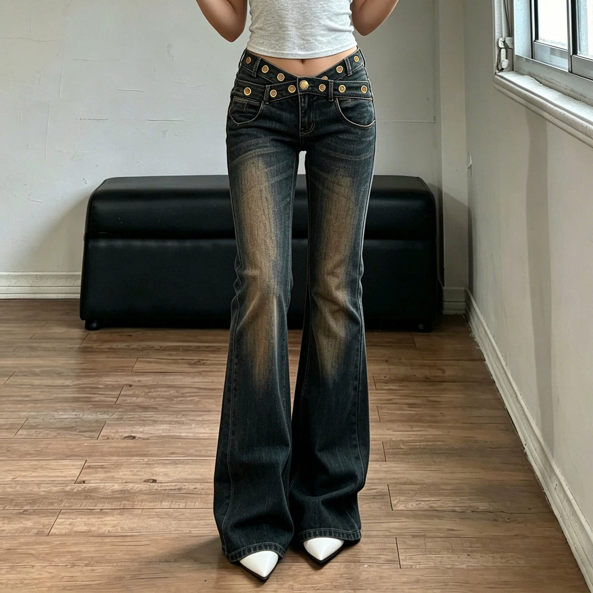 Studded Low Rise Flare Jeans