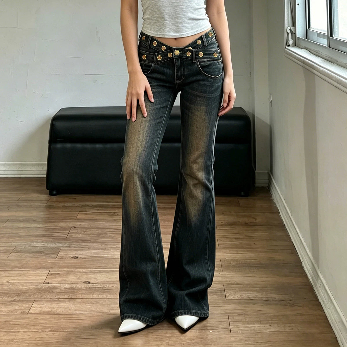 Studded Low Rise Flare Jeans