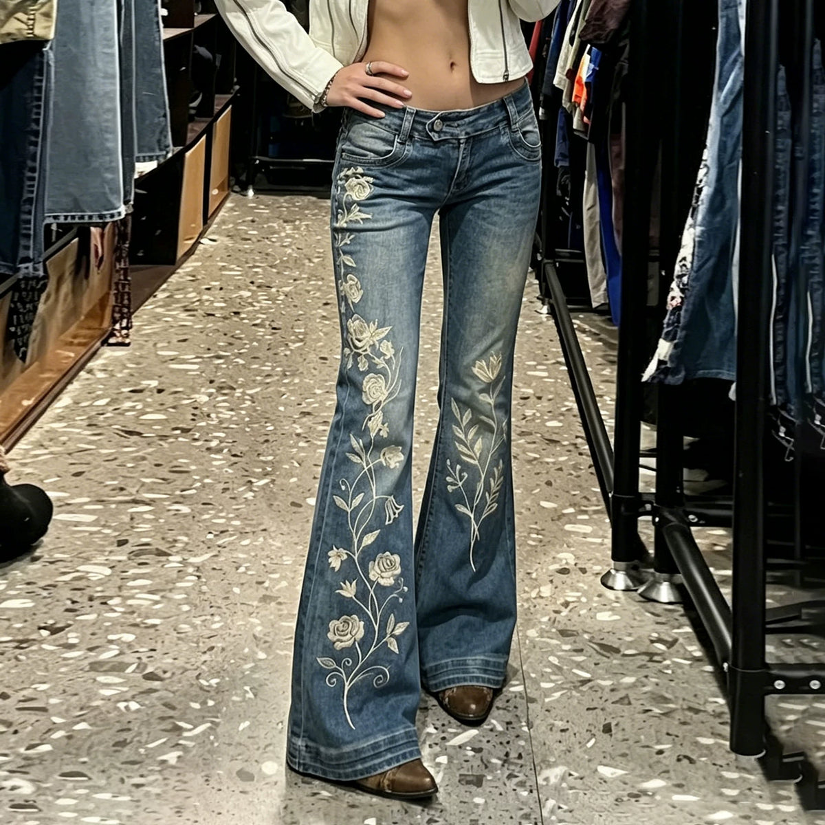 Floral Embroidered Flare Jeans