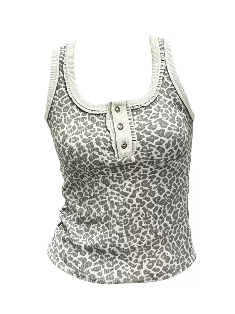 Leopard Henley Tank Top