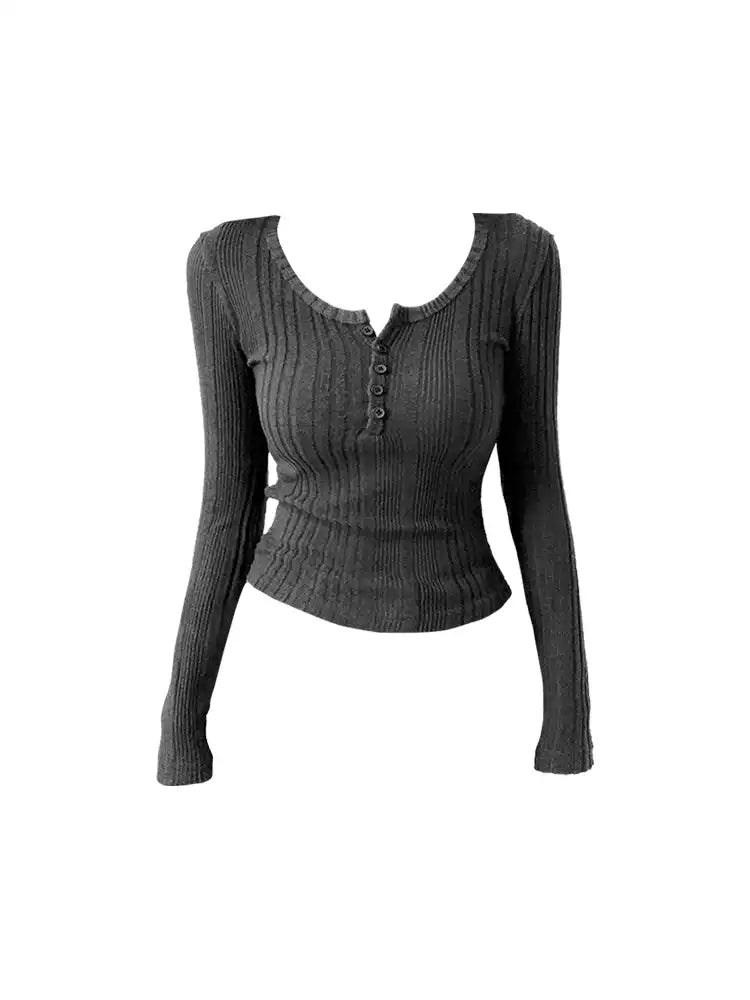 Ribbed Henley Long Sleeve Top