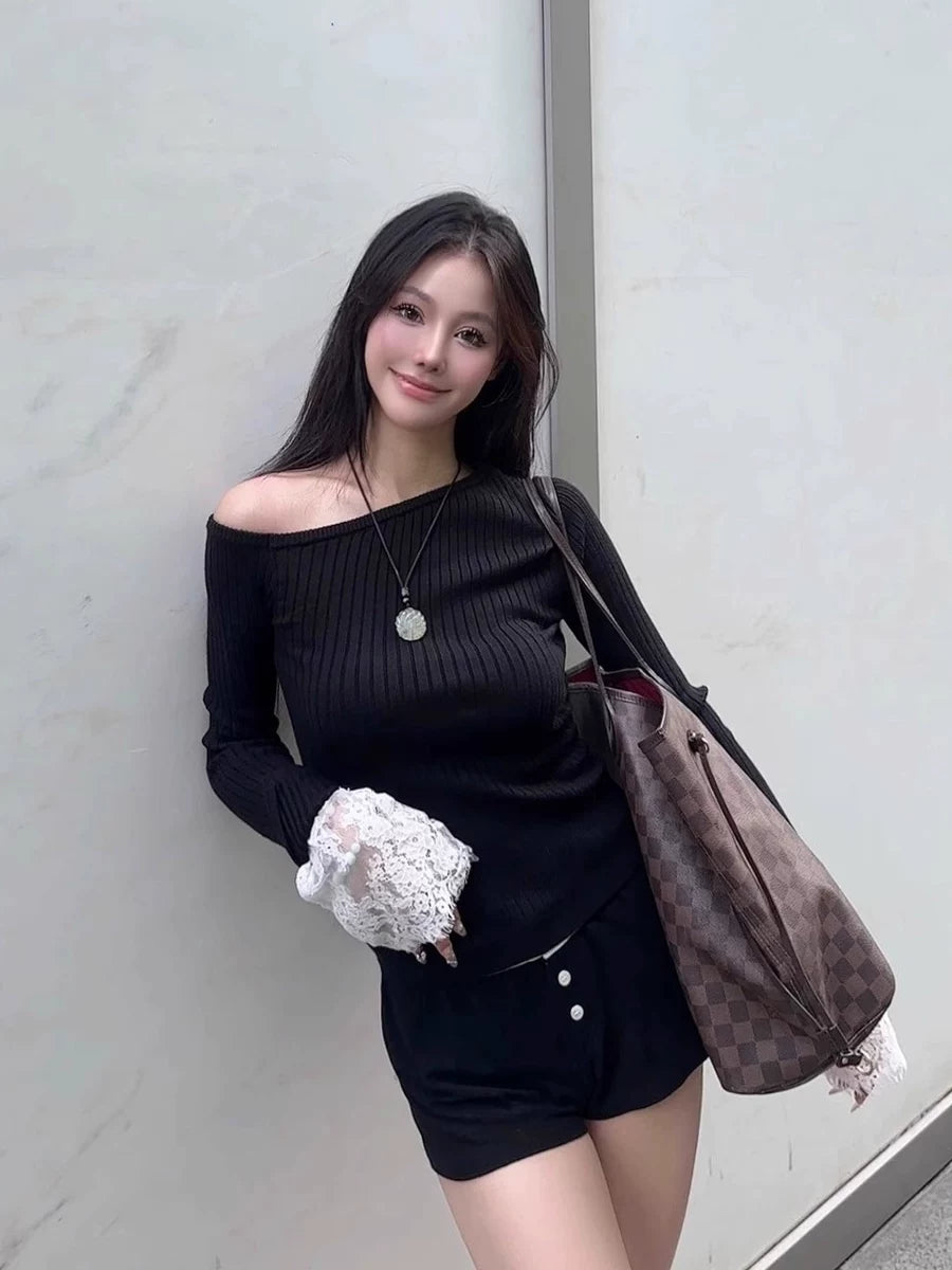 One-Shoulder Lace Cuff Top