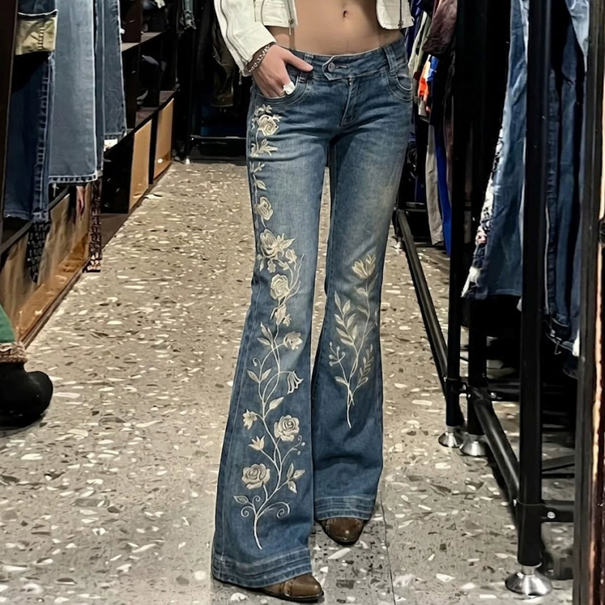 Floral Embroidered Flare Jeans