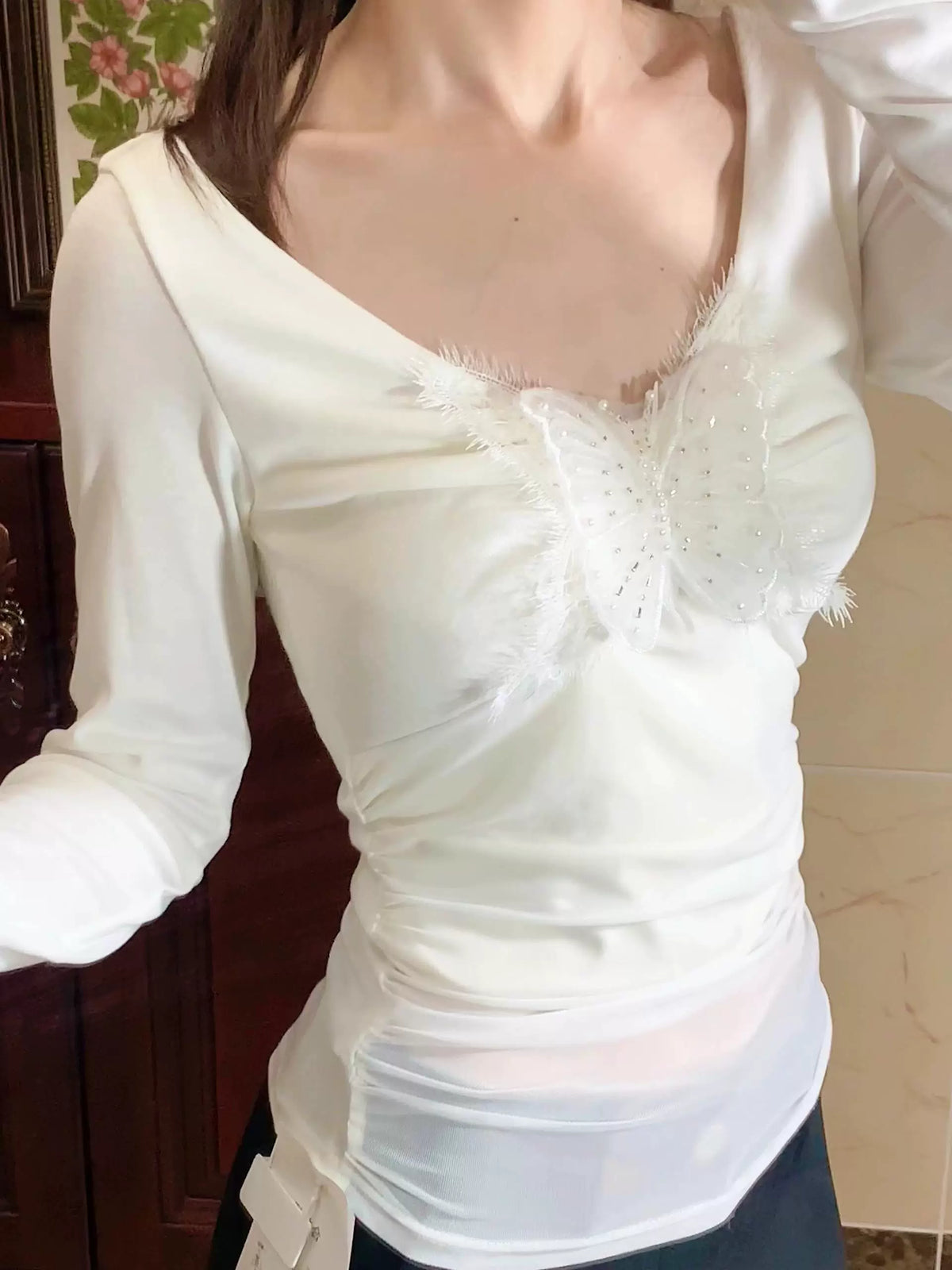 Butterfly Ruched Long Sleeve Top