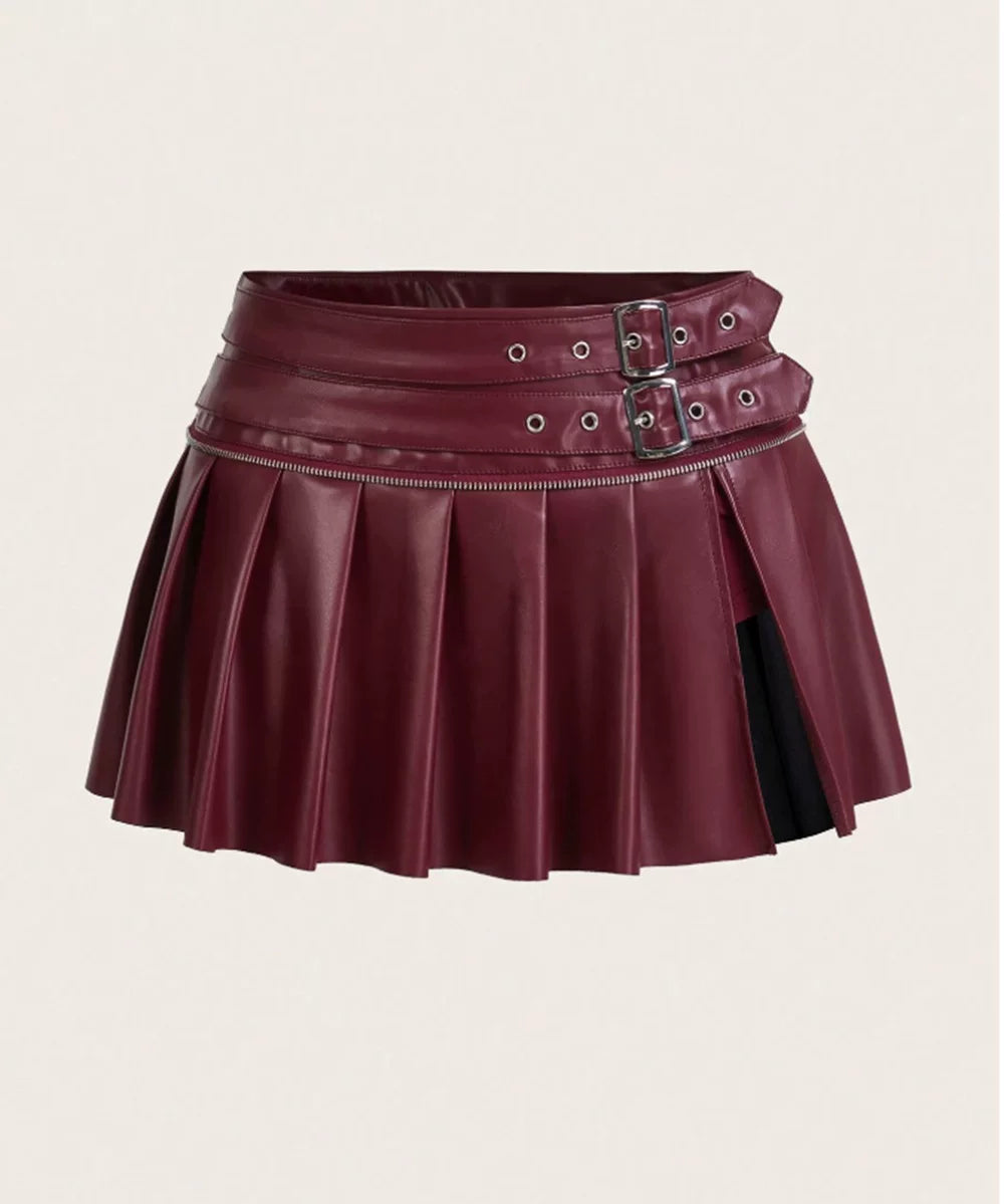 Burgundy Pleated Mini Skirt