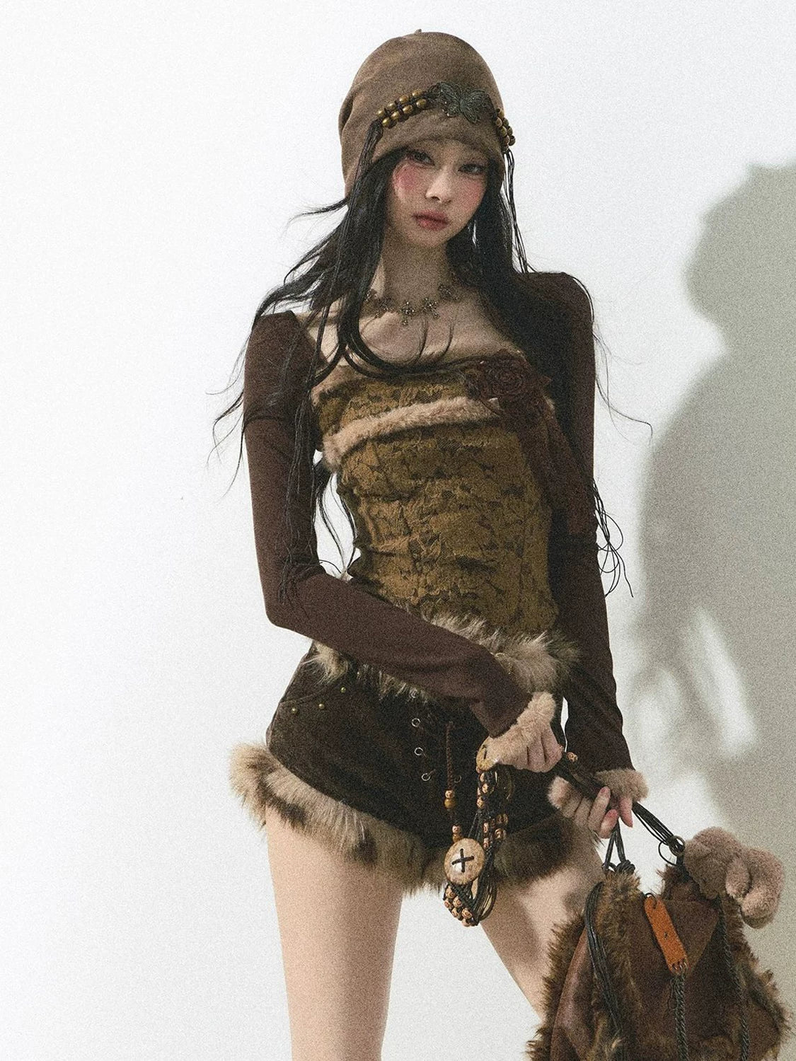 Fur Trim Lace Up Set