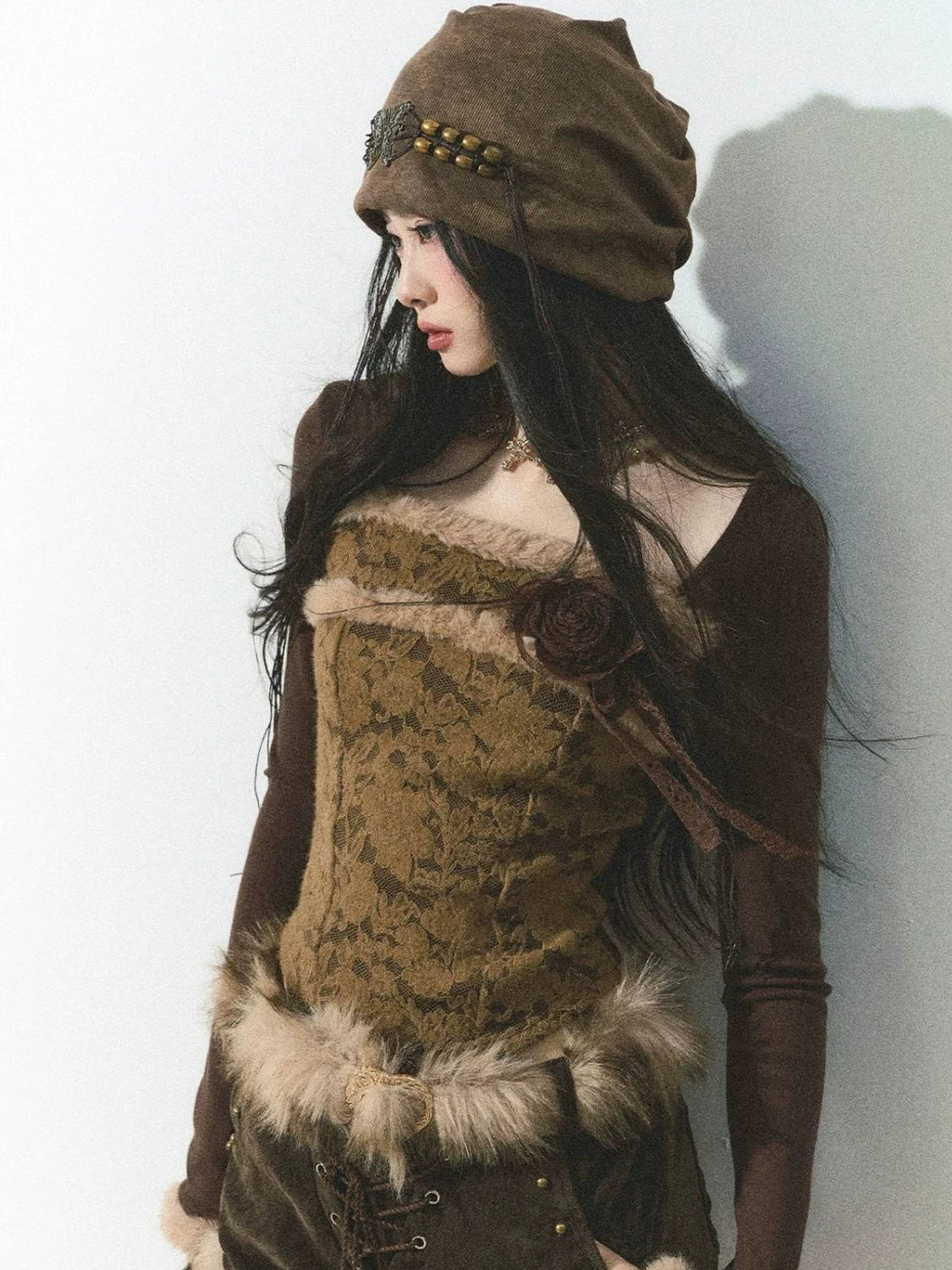 Fur Trim Lace Up Set