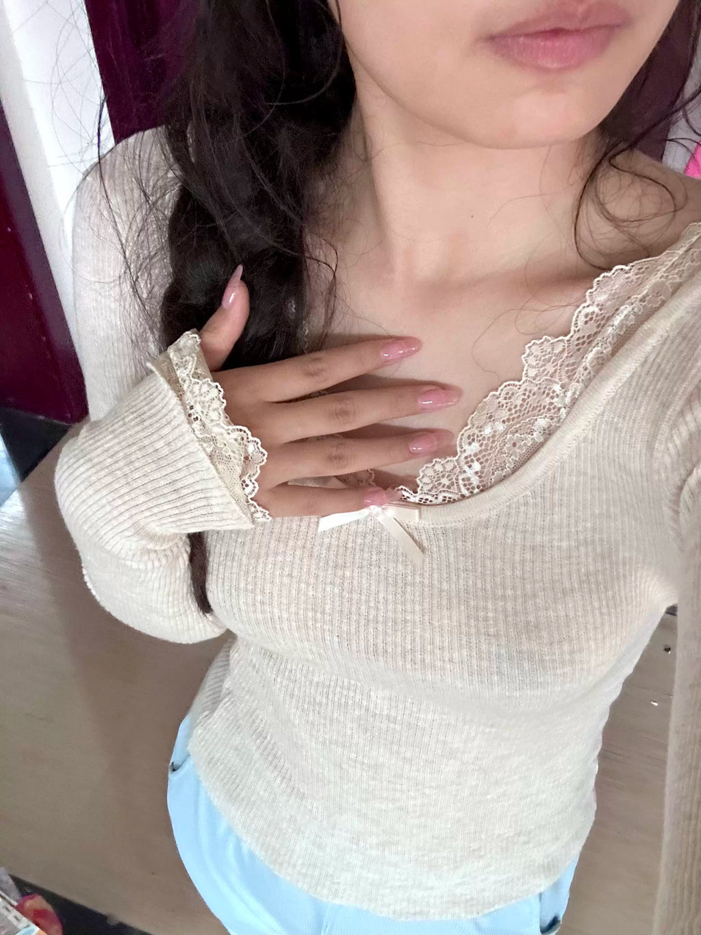 Lace Trim Ribbed Knit Top