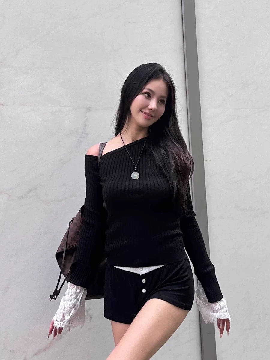 One-Shoulder Lace Cuff Top