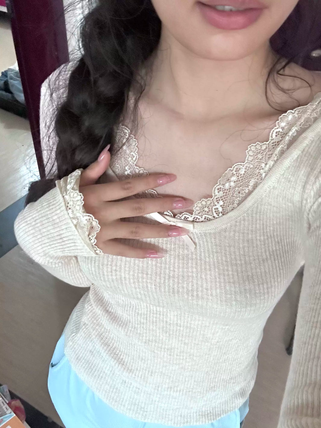 Lace Trim Ribbed Knit Top