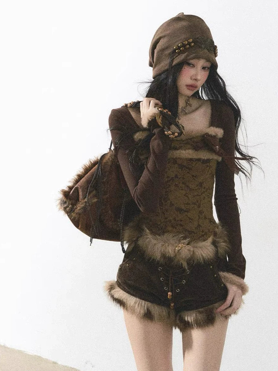 Fur Trim Lace Up Set