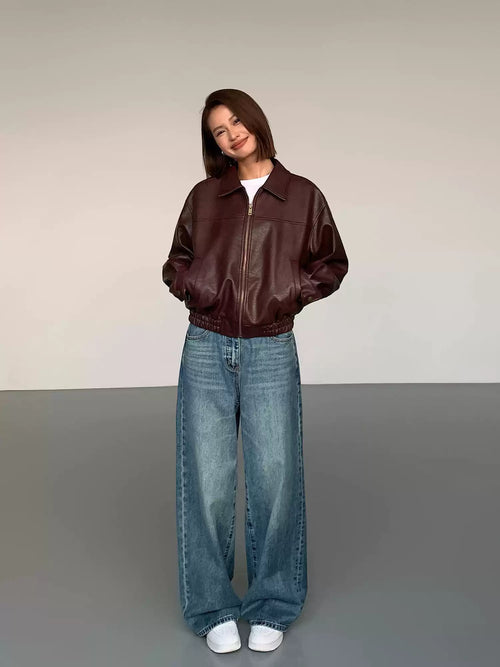 Burgundy Leather Bomber Jacket