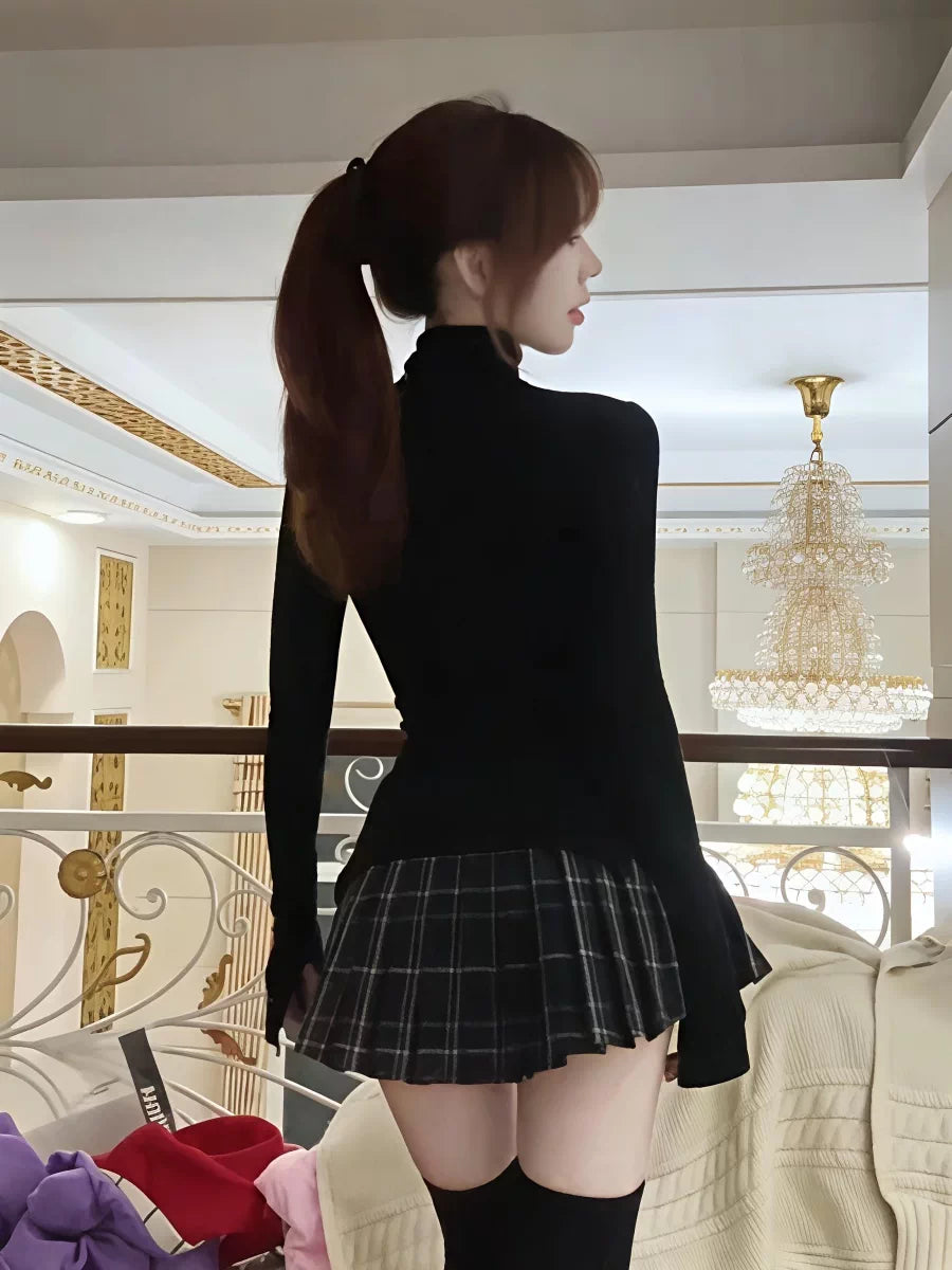 Black Plaid Pleated Mini Dress