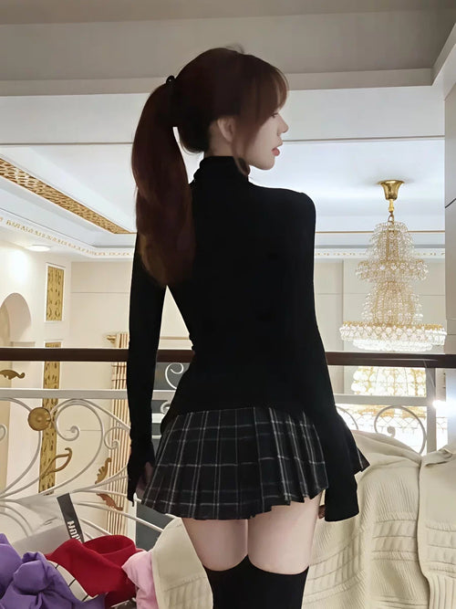 Black Plaid Pleated Mini Dress