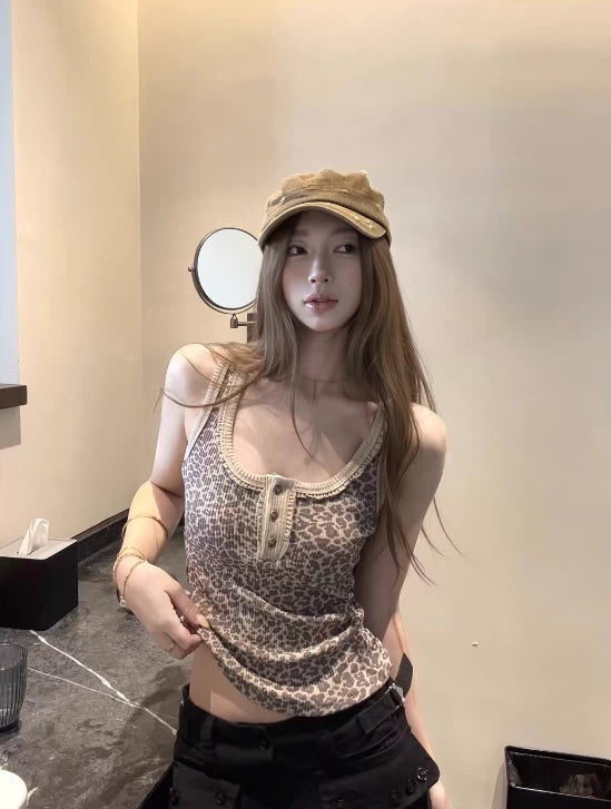 Leopard Henley Tank Top