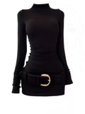 Black Ruched Turtleneck Mini Dress