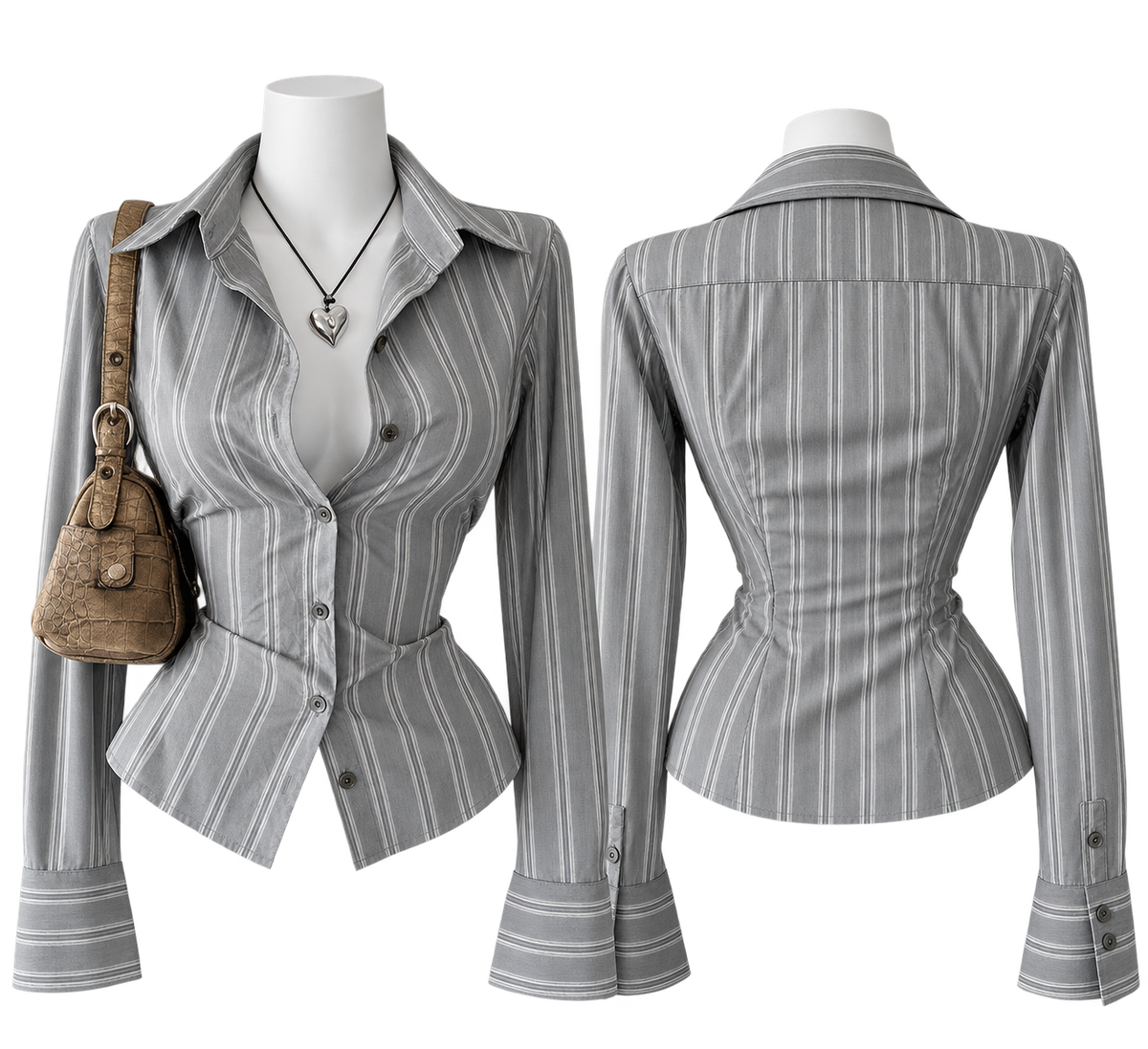 Grey Pinstripe Fitted Blouse